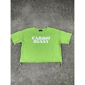 Cardio Bunny Shirt Womens XL Neon Green Cropped Drawstring Hem Graphic T-Shirt